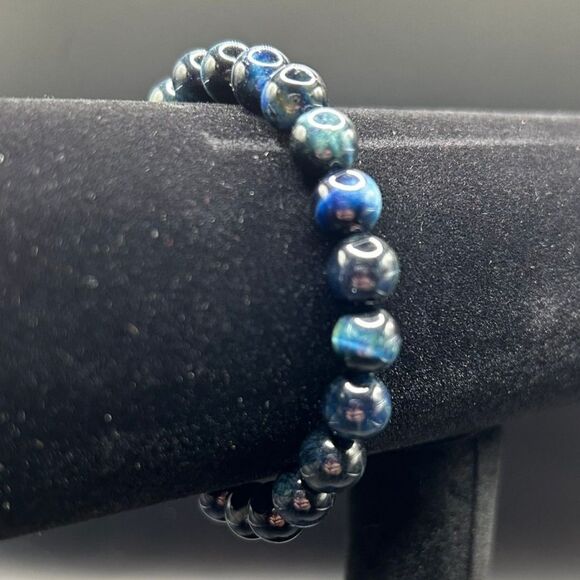Blue Cat's Eye Bracelet Beaded Gemstone Elastic Stretch - Picture 3 of 4
